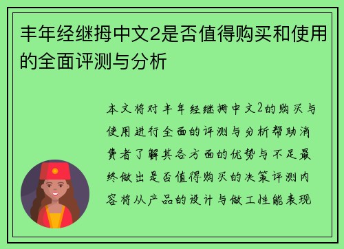 丰年经继拇中文2是否值得购买和使用的全面评测与分析